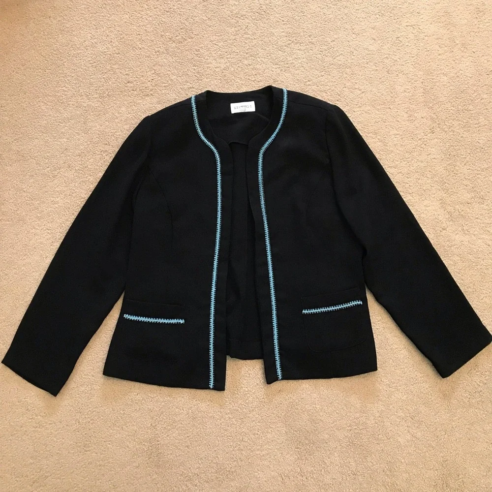 Studio Blazer Jacket Size 16 Black Light Blue Trim Pockets Easy Care Office Corp